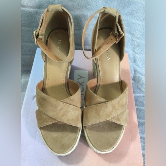 Lisa Vicky Gemi Cognac Kid Suede Platform Espadrille Wedges Size 9M - Picture 2 of 12